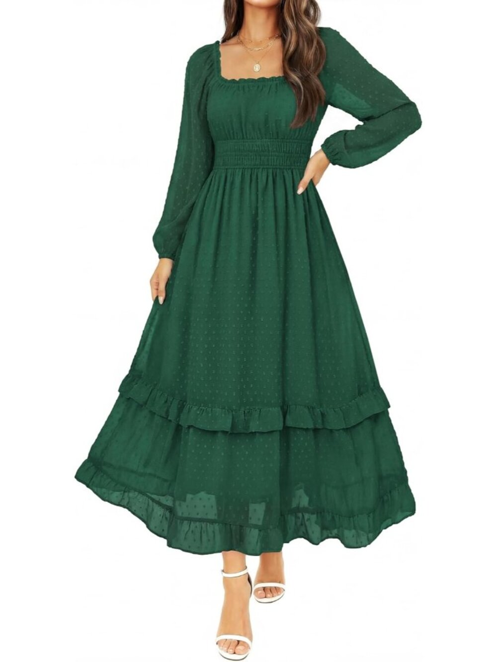 Women's Green Fall Swiss Dot Chiffon Square Neck A-Line Wedding Guest Maxi Dress